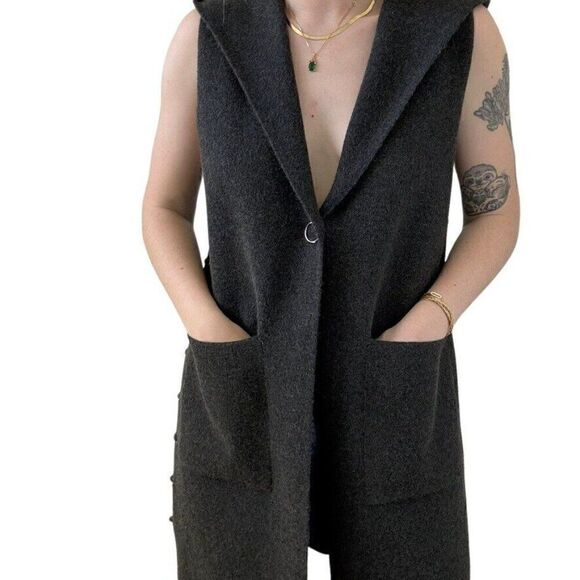Womens Charcoal Gray Wool Blend Hooded Long Hippie Vest Jacket Sz M - Picture 4 of 8